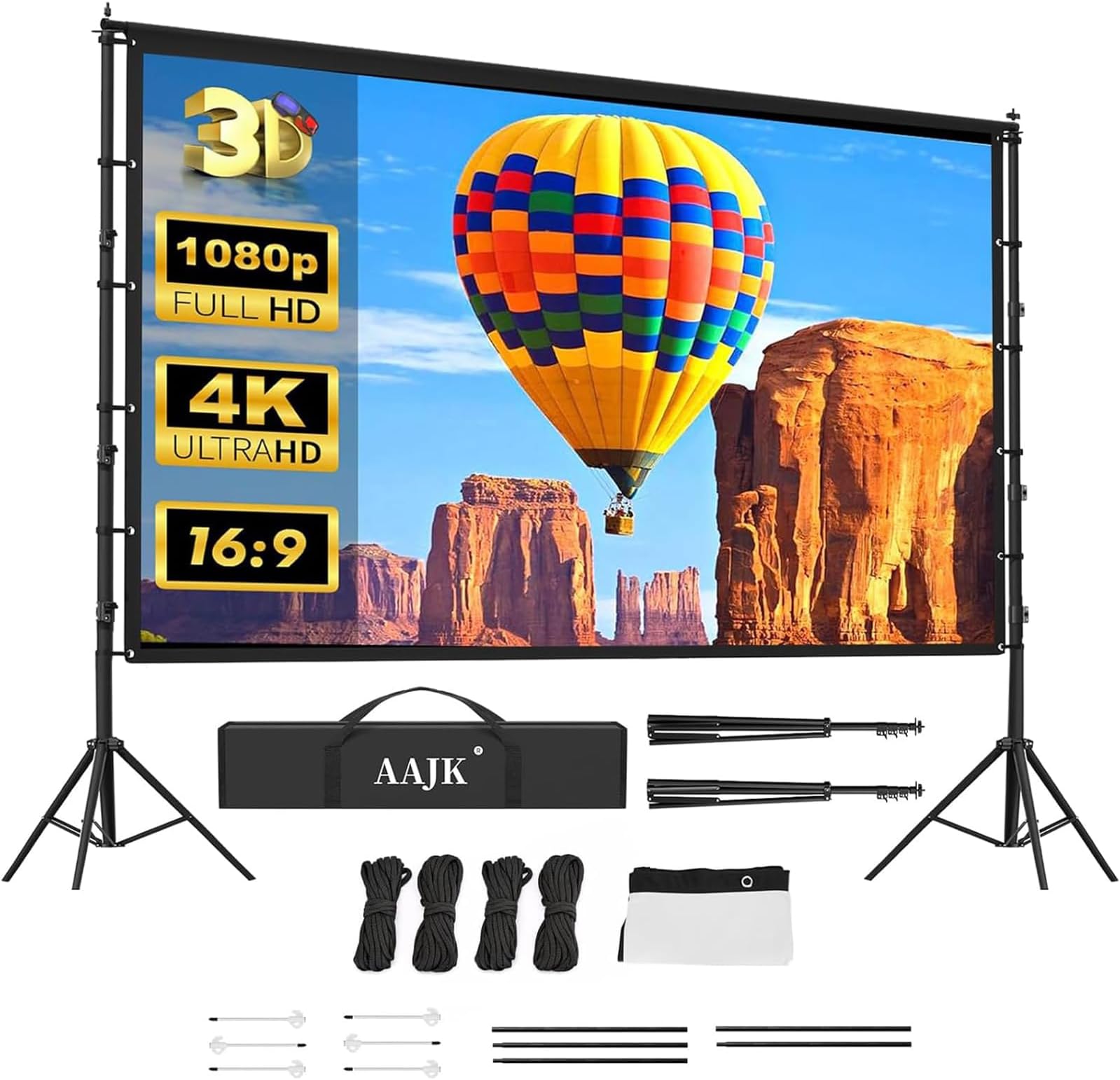 AAJK 150in Outdoor Projector Screen with Stand, Portable 16:9 4K HD Indoor Outdoor Projection Screen with Wrinkle-Free Design, Ideal for Home Theater and Backyard Cinema – Includes Carry Bag