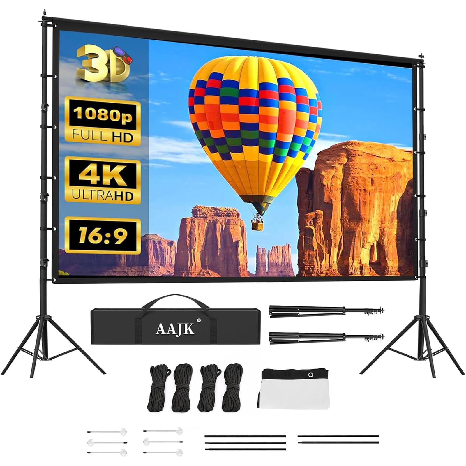 AAJK 150in Projector Screen with Stand,Portable 16:9 4K HD Indoor Outdoor Projection Screen with Wrinkle-Free Design, Ideal for Home Theater and Backyard Cinema – Includes Carry Bag 150 inch-pro