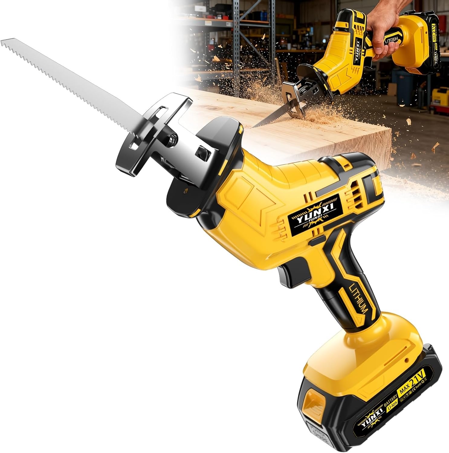 New Electric Reciprocating Saw, Easy to Operate, with Safety Protection Function, Ergonomic Grip, Suitable for Cutting Trees ((Blue) 2 batteries+accessory toolbox)