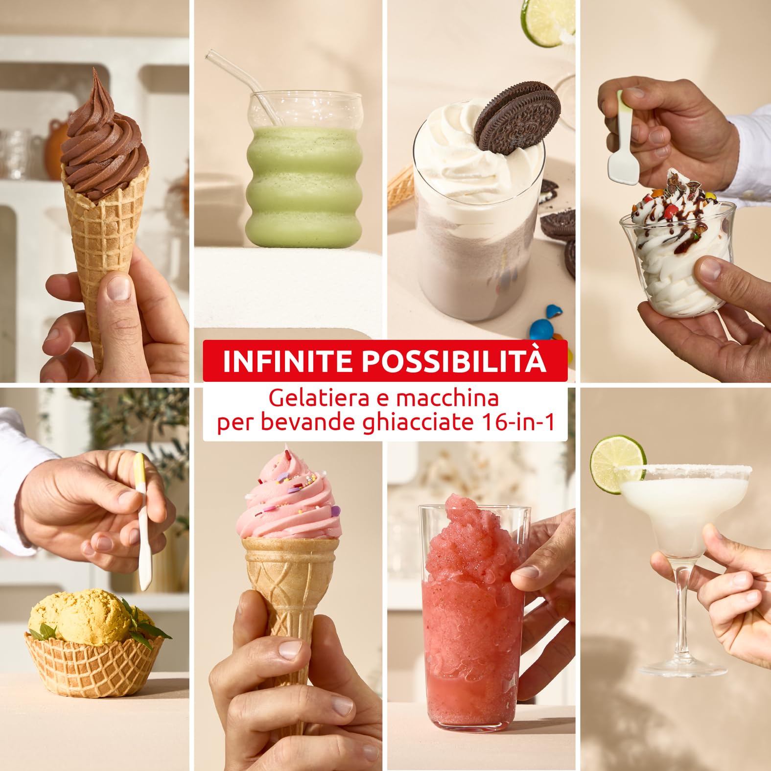 Moulinex Freezi, Gelatiera e Macchina Bevande Ghiacciate 16-in-1, per Preparare Gelati, Sorbetti, Granite, Frozen Yogurt, 5 Programmi, 200W, Colore Argento Premium, MJ803A