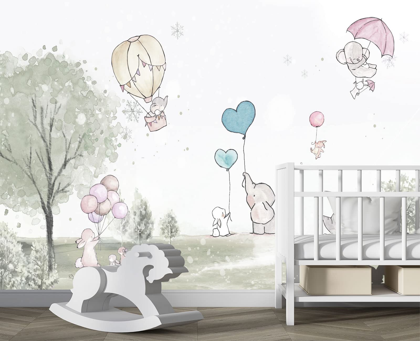 Papier peint éléphant lapin ballon 348x254 cm pour chambre d'enfant