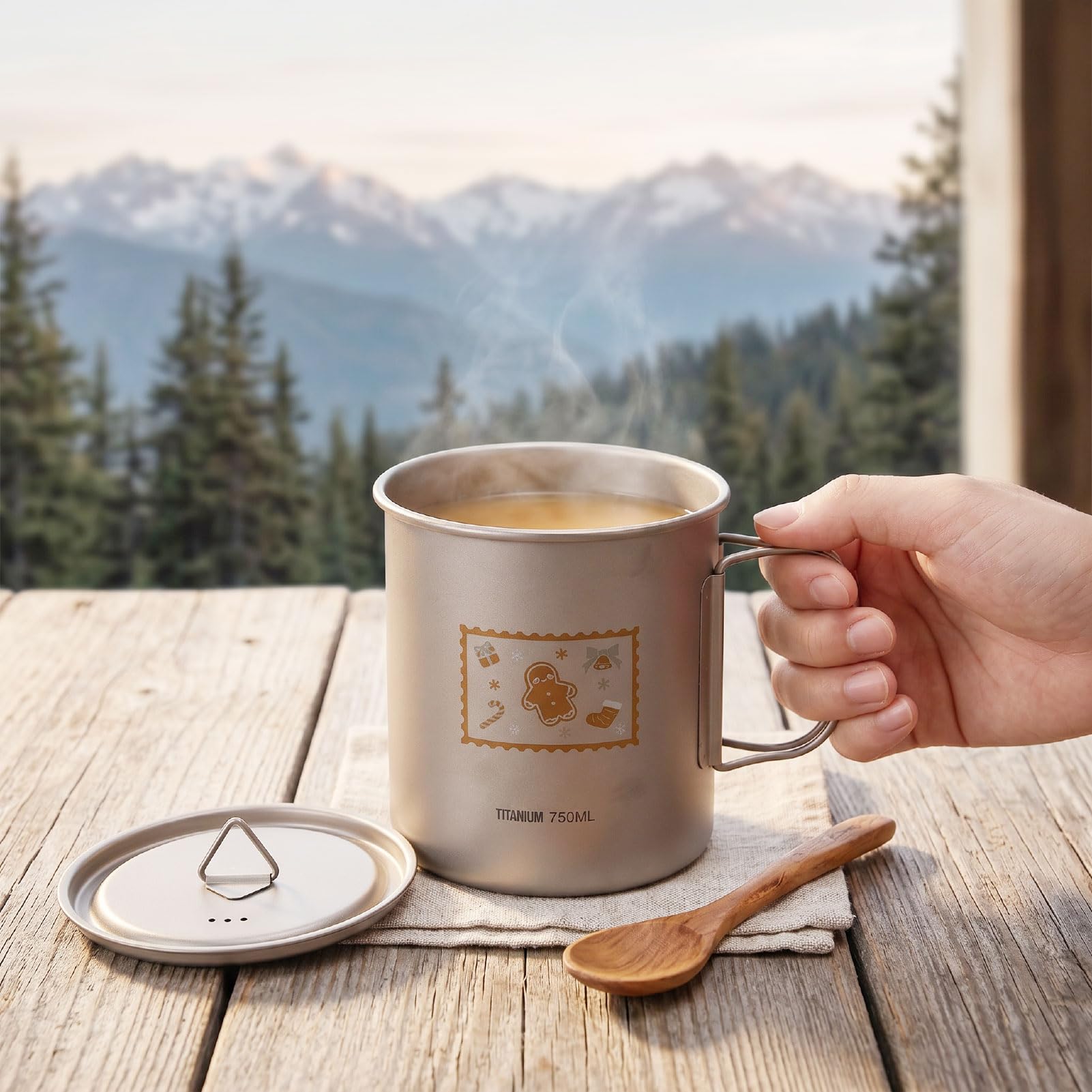 Lixada 750ml Trinkbecher mit Deckel und Klappbarem Griff, Weihnachtliches Lebkuchenmann Motiv, Tragbarer Becher für Kaffee, Tee, Saft, Outdoor Aktivitäten wie Klettern und Camping (750 ml)