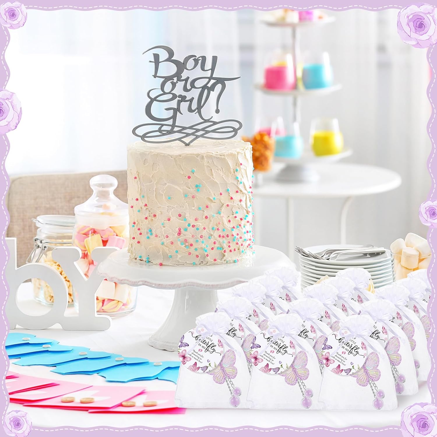 50 Set Baby Shower Favors for Guests Butterfly Keychain Bulk Thank You Cards Bag Baby Shower Return Gifts (Purple)