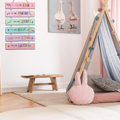 Miniatura 5 de Yookeer Juego de 6 carteles de pared de dinosaurios de acuarela de madera rústica motivacional para colgar en la pared, letrero positivo para el