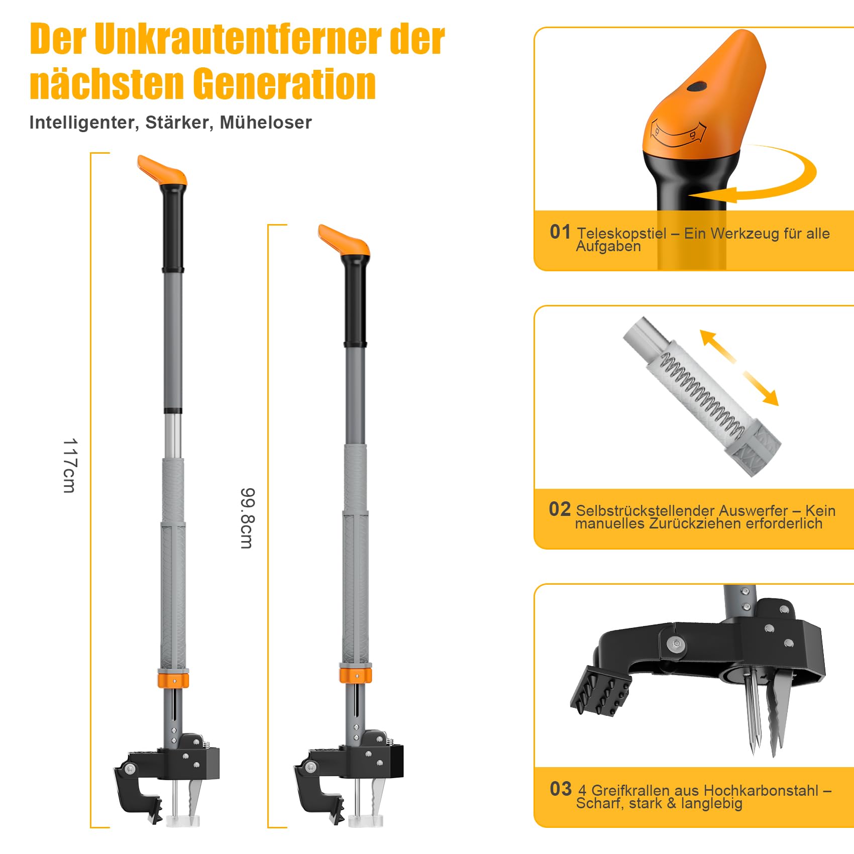 Stand-Up Unkrautstecher mit Teleskopstiel (98–117 cm), 4 Edelstahl-Krallen & automatischer Rückstellung, Unkrautentferner ohne Bücken, inklusive praktischer Gartentasche