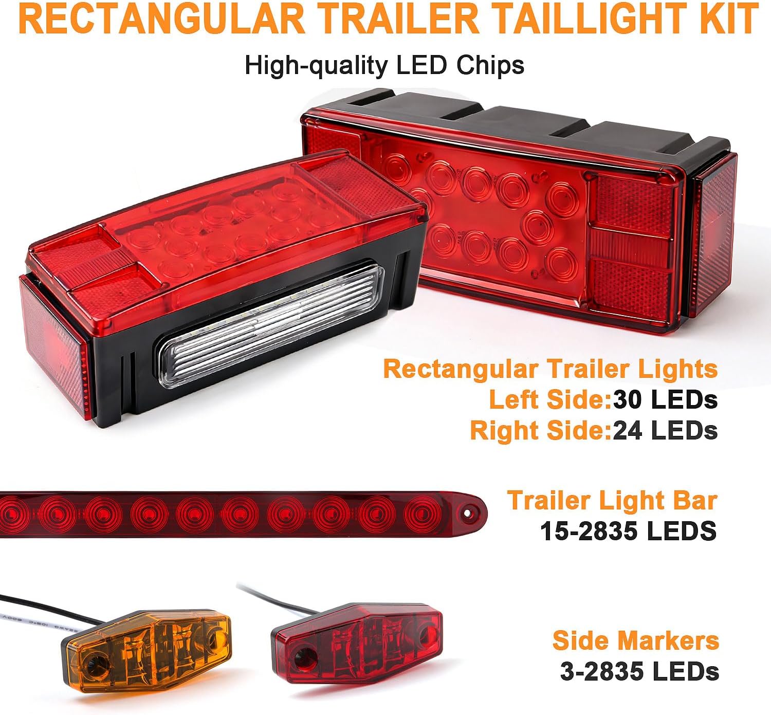 Submersible LED Trailer Tail Light Kit, Rectangular Trailer Lights+ID Bar+6 Markers, Combined Stop Turn License Plate Running Lamps with 29FT Wiring Harness Reflective Stickers, 12V