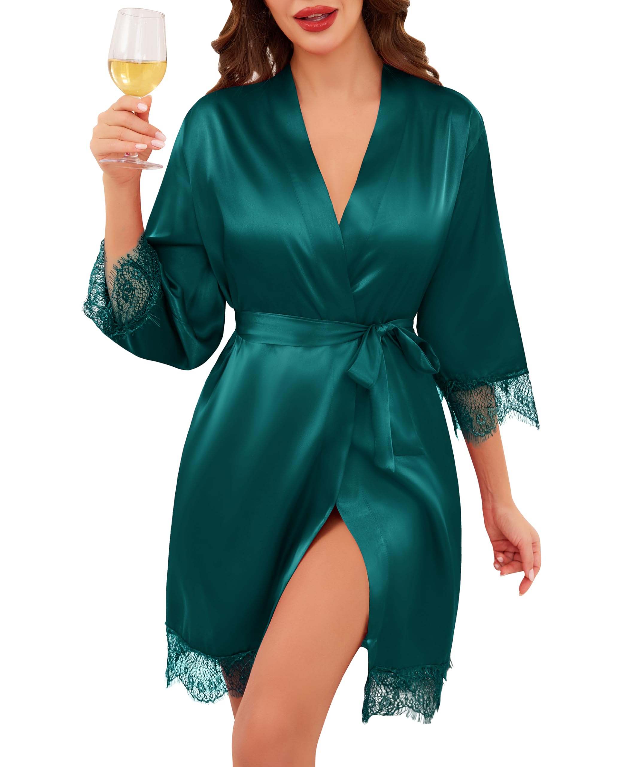 Lovasy Satin Bademantel Damen Kurz Kimono Japanisch Spitze Sexy Morgenmantel für Damen Braut Bademantel Hochzeit Party Pyjama mit Gürtel