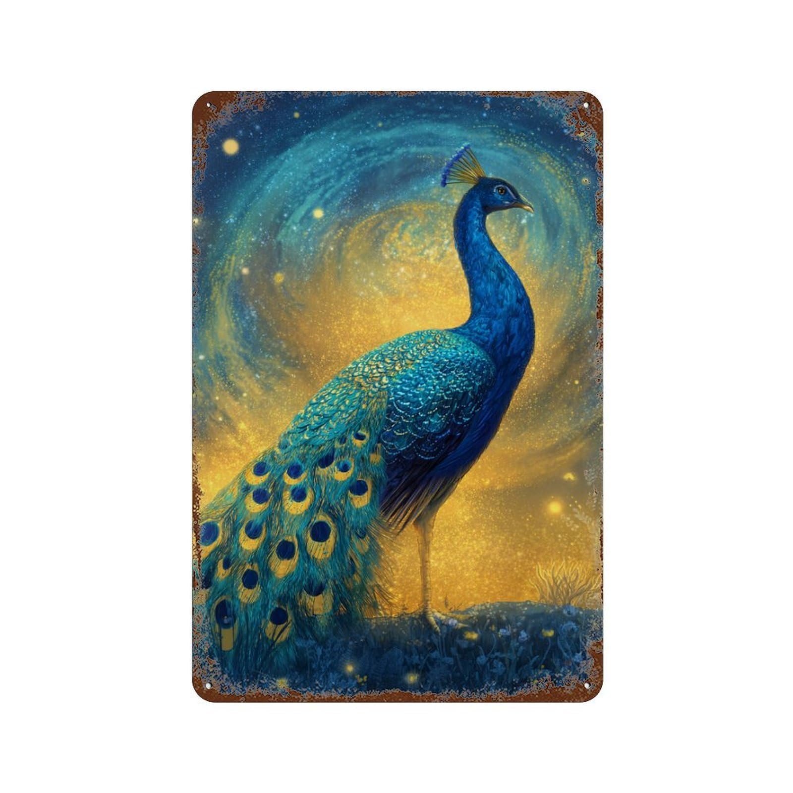 Magical Peacock in Starry Sky Distressed Metal Wall Sign 11.8"x7.9", for Basement, Hobby Room And Garage Decor, Shabby Chic Decor