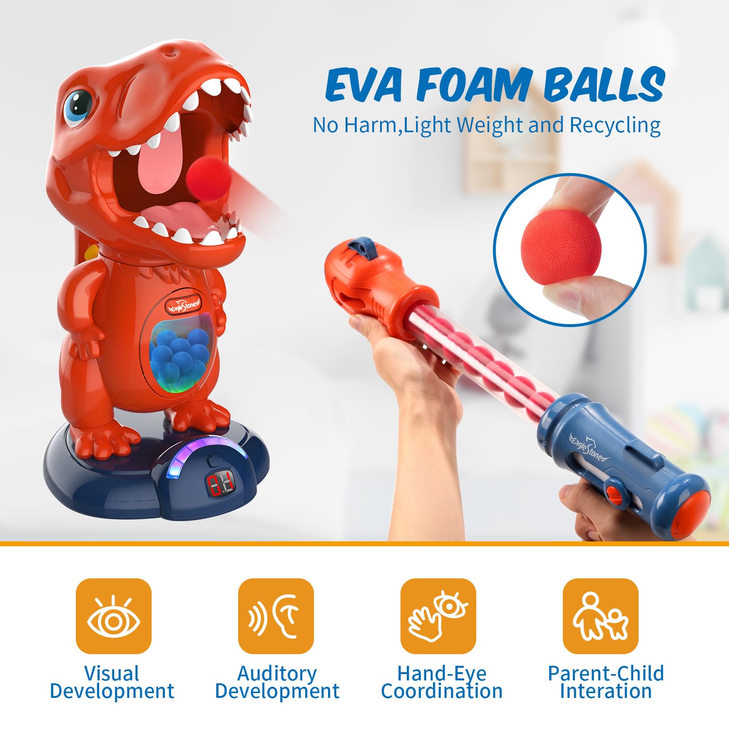 Juguete de dinosaurio móvil para disparar, 2 pistolas de bomba de aire, puntuación, pantalla LED, sonido, 48 pelotas de espuma, blanco electrónico, regalo para niños y niñas 4