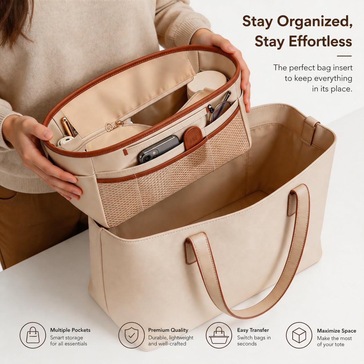 GIVLEFLY Purse Organizer Insert for Tote Bag, Large Bag Organizer Insert with Zipper Pocket, Multi Pocket Handbag Organizer, Structured Purse Liner Shaper, Beige