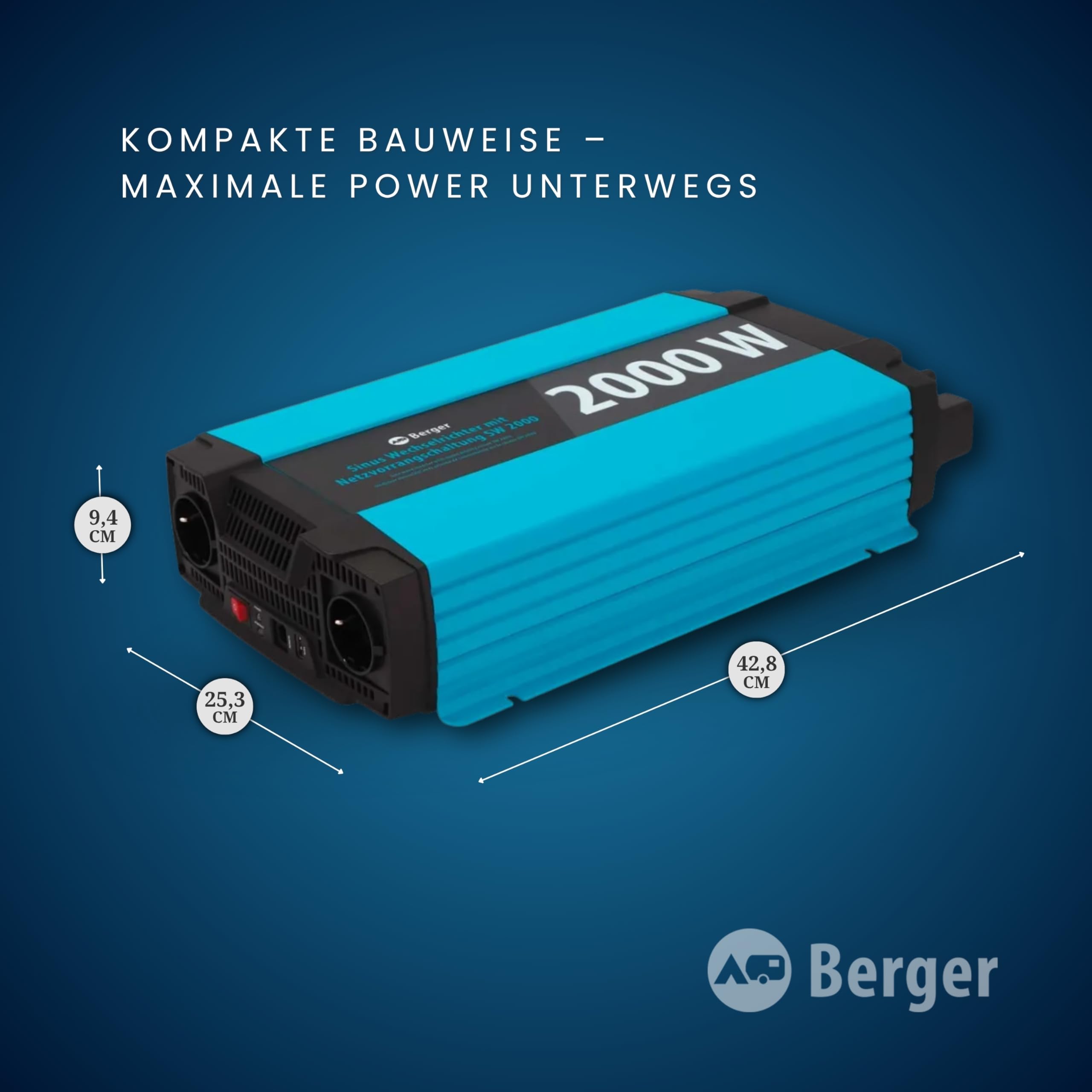 BERGER Sinus Wechselrichter mit Netzvorrangschaltung | 12 V DC auf 230 V AC Spannungswandler | Reine Sinuswelle für empfindliche Geräte | hoher Wirkungsgrad > 90% | Überlastschutz (2000 W)