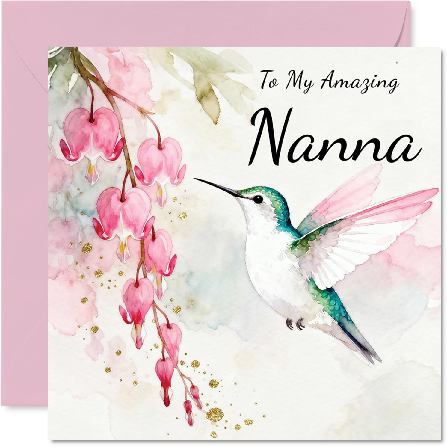 Nana Birthday Card - Hummingbird Wishes - Happy Birthday Card for Nana from Grandson Granddaughter, 145mm Pink Floral Illustration Bday Greeting Cards