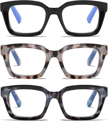 Paquete de 3 lentes de lectura de diseño cuadrado de gran tamaño para mujer, bloqueo de luz azul, lector de computadora (negro, leopardo gris y