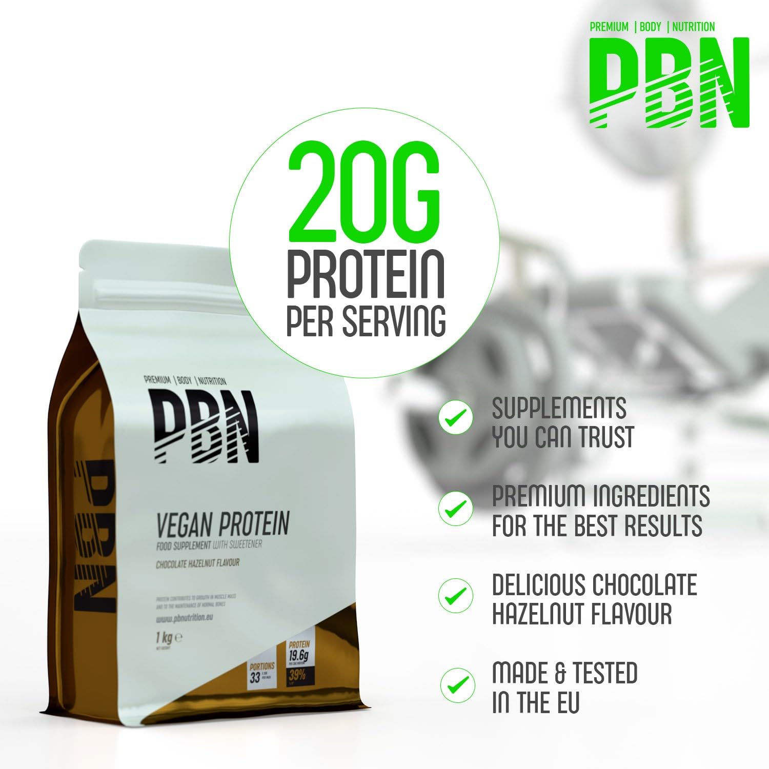 PBN - Premium Body Nutrition Protéines Véganes, 1kg Sachet, Chocolat Noisette