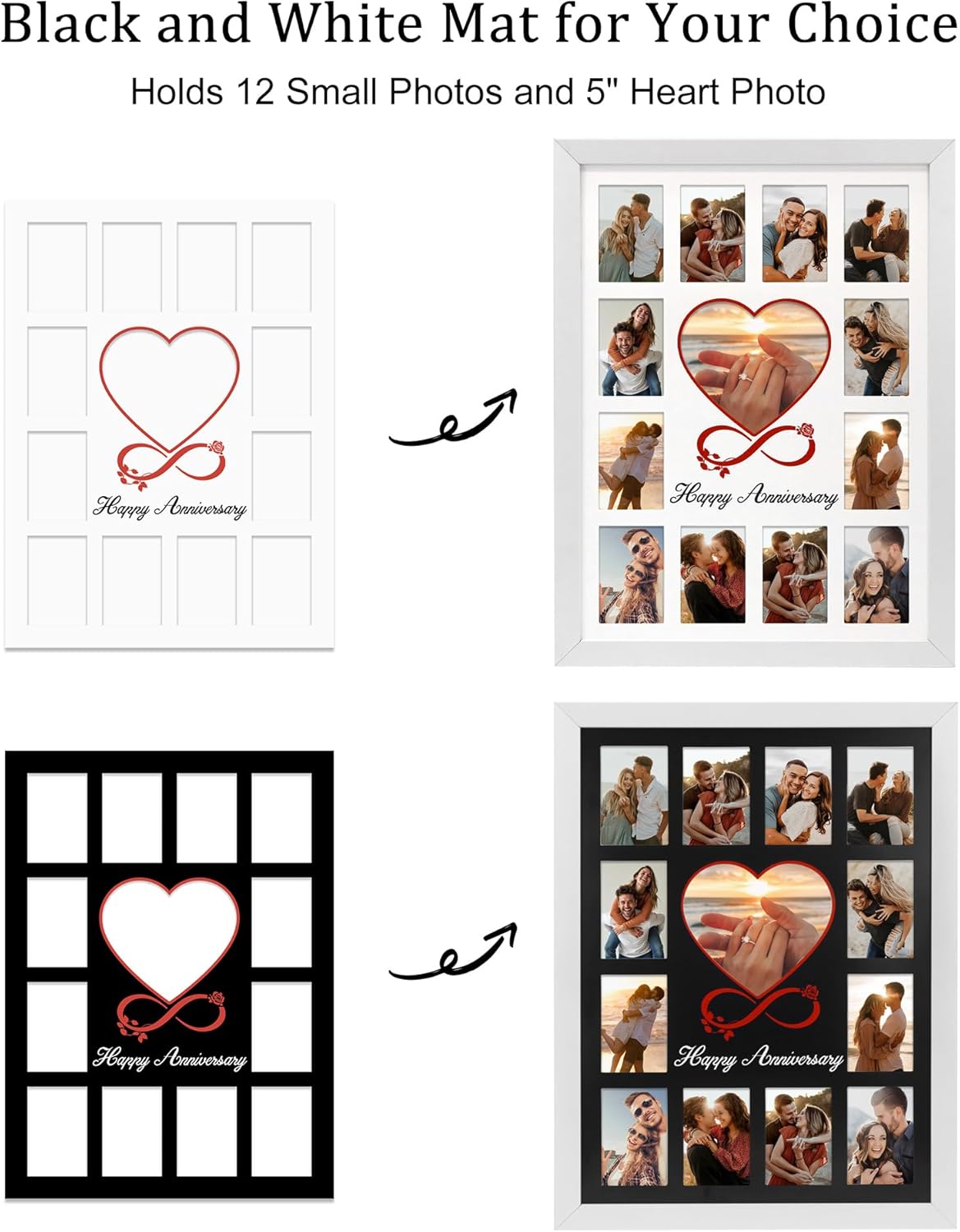 FramePro 12x16 Heart Anniversary Collage Picture Frame, DIY Names Custom Multi Photo Frame Holds 13 Photos, Anniversary Decorations Gifts for Couples Husband Wife, 1st Year Wedding & Valentine’s Day Gift Ideas (White)