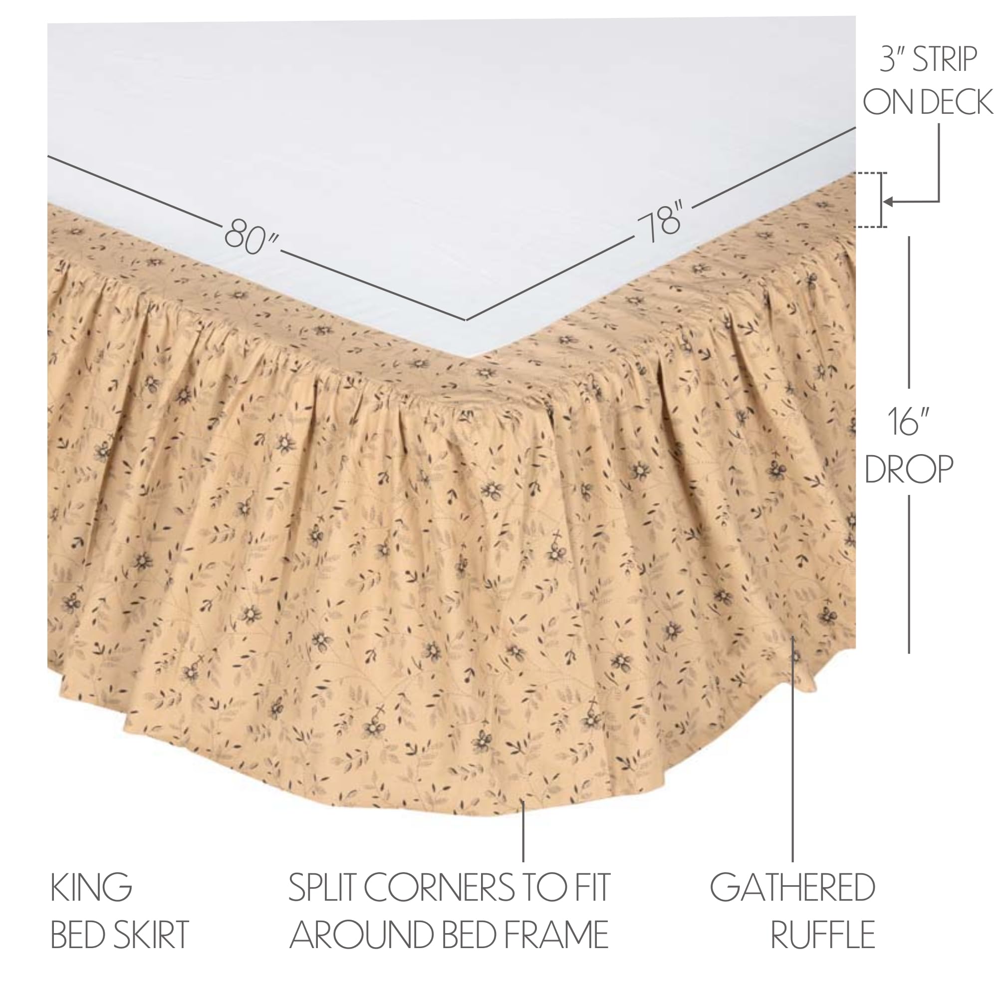 VHC Brands Maisie King Bed Skirt 78x80x16 Country Bedding Accessory, Tan