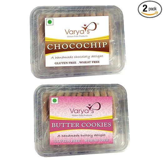 Varya's Gluten Free Combo Pack of Butter Cookie & Chocochip Cookies || Gluten Free|| Gluten Free Biscuits Cookies|| Cookies|| Cookies Biscuits|| Gluten Free Product (2 x 200 Grams)