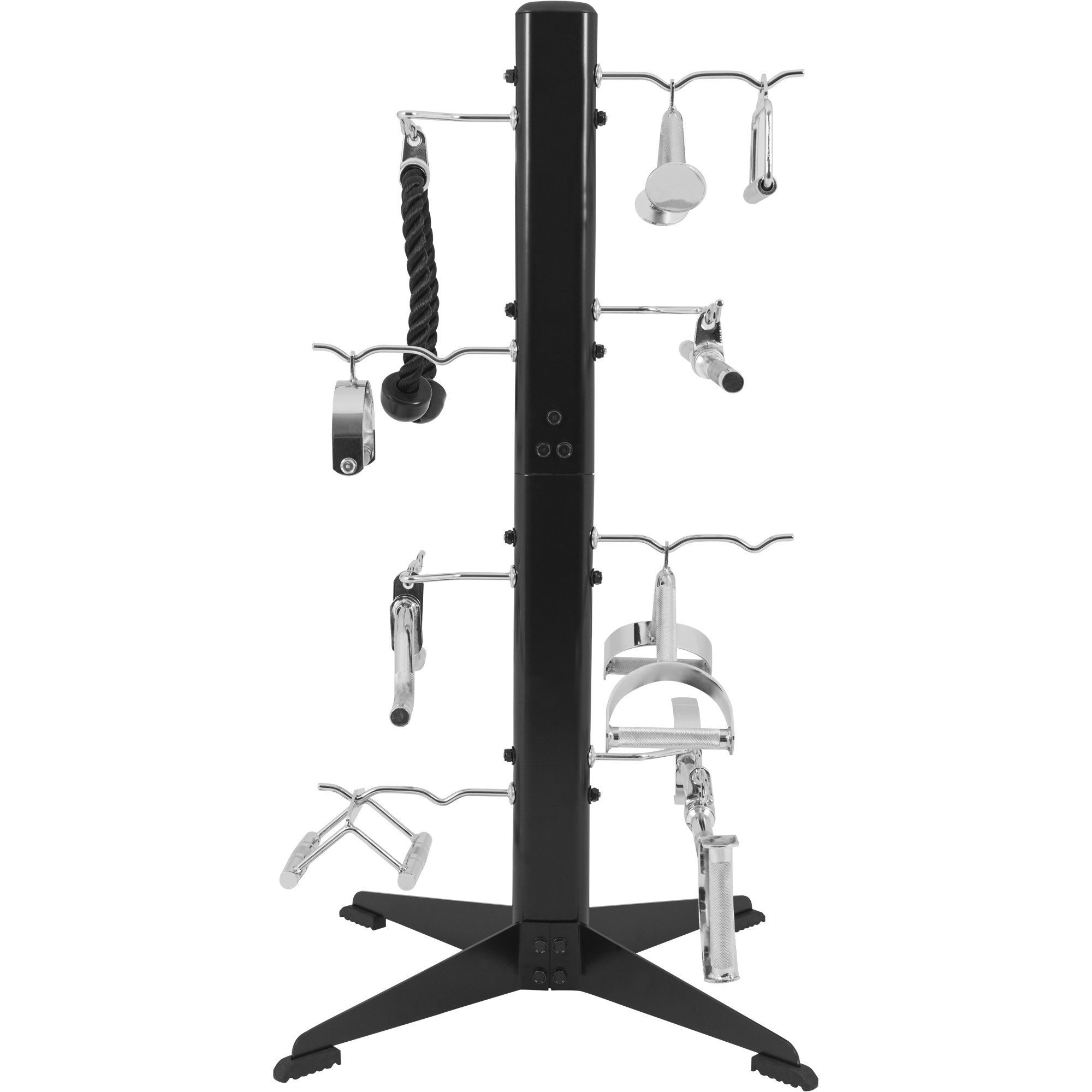 GORILLA SPORTS® Griffständer mit/ohne Latzuggriffe, 8 Ablagen, bis 100 kg | 65 x 59 x 124 cm, für bis zu 16 Zughilfen, mit gummierten Füßen; Schwarz, Bizeps-Trizeps-Stange, Kabelzuggriff, Rudergriff