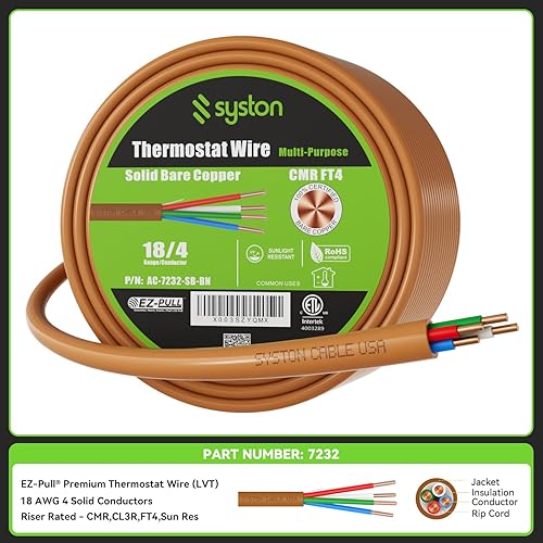 Miniatura 9 de Syston - Cable de control de calefacción HAVC para timbre de puerta 182, 18 AWG 2 conductores de cobre 100% sólido CL3RFT4CMR, resistente a los