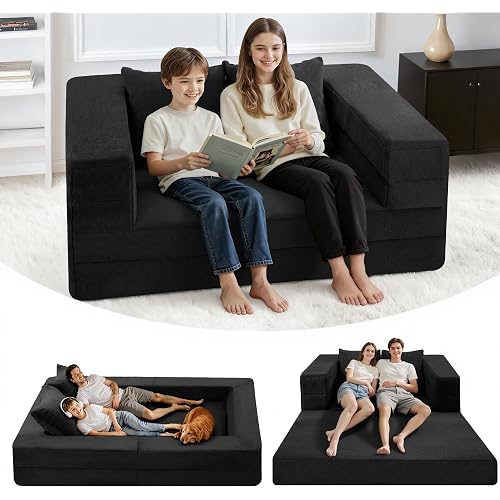 3-in-1 Sleeper Sofa Bed Removable Cover Convertible Floor Sofa No Assembly, Boneless Couch Perfect for Living Room & Bedroom（Black Queen）