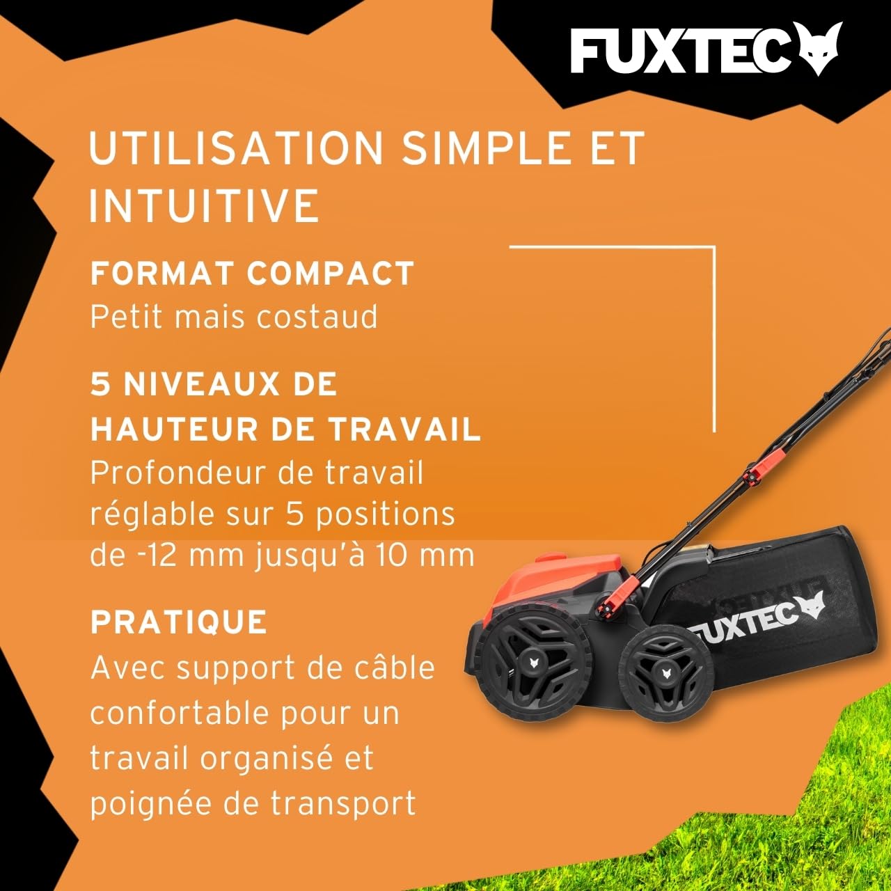 FUXTEC Scarificateur électrique FX-EV360, aérateur de gazon avec 1500 watts de puissance, largeur de travail 36 cm et réglage de la profondeur sur 5 niveaux, bac de ramassage 45 L
