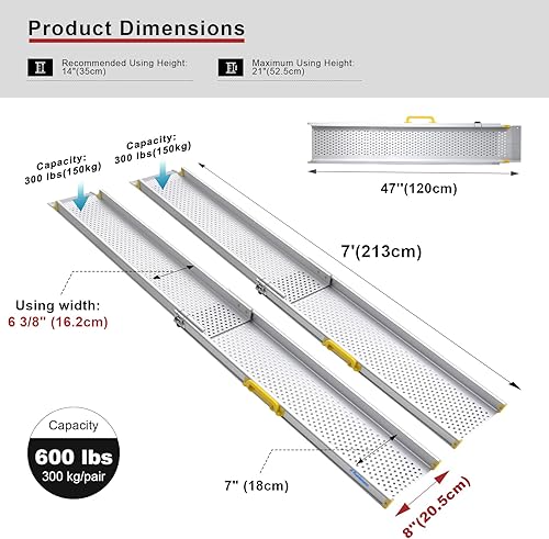 Miniatura 18 de Ruedamann Rampa portátil para silla de ruedas de 10 pies, capacidad de 600 libras por par, rampas de aluminio ajustables para sillas de ruedas