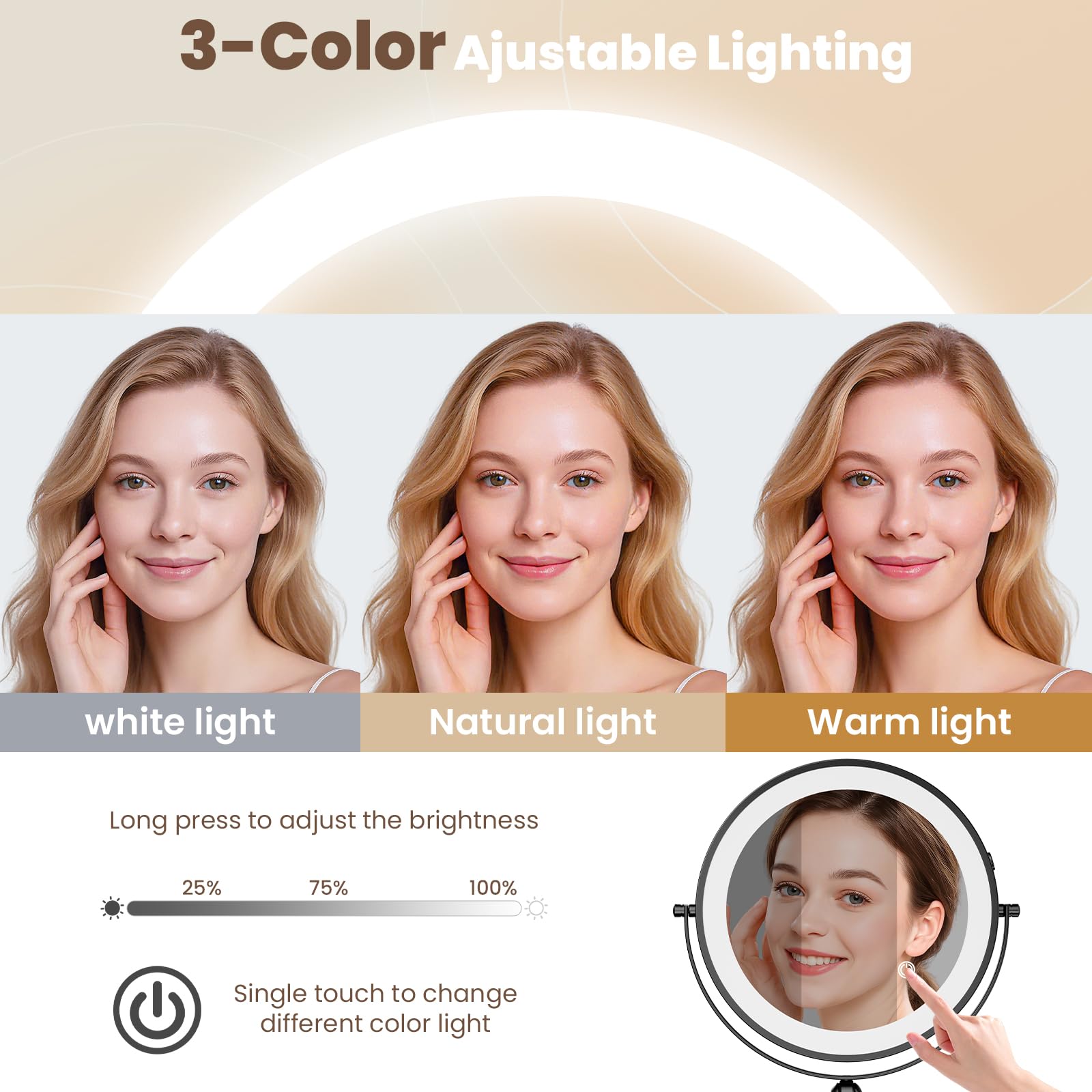 Espejo iluminado de maquillaje montado en la pared de 9 pulgadas, recargable de 4000 mAh, espejo de tocador LED de doble cara con altura ajustable y aumento de 1X/10X, 3 luces de color, pantalla