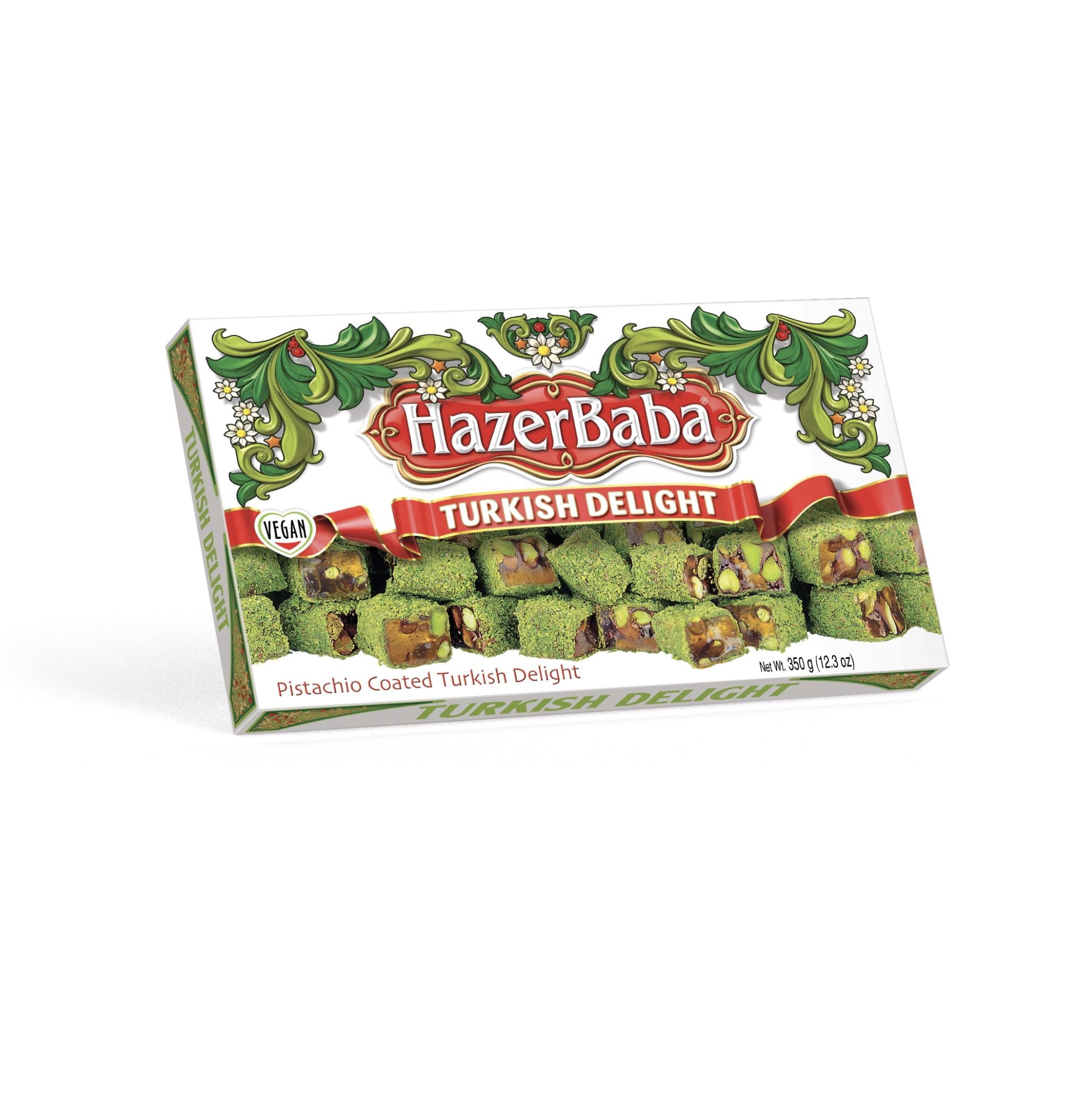 Hazer Baba Turkish Delight Pistachio Candy,%23 Pistachio Coated Filled Lokum, Gourmet Snack Box, Traditional, Vegan, Lokum, Loukumi, Delicias Turcas, Halal, Kosher, 12.3oz (350g)