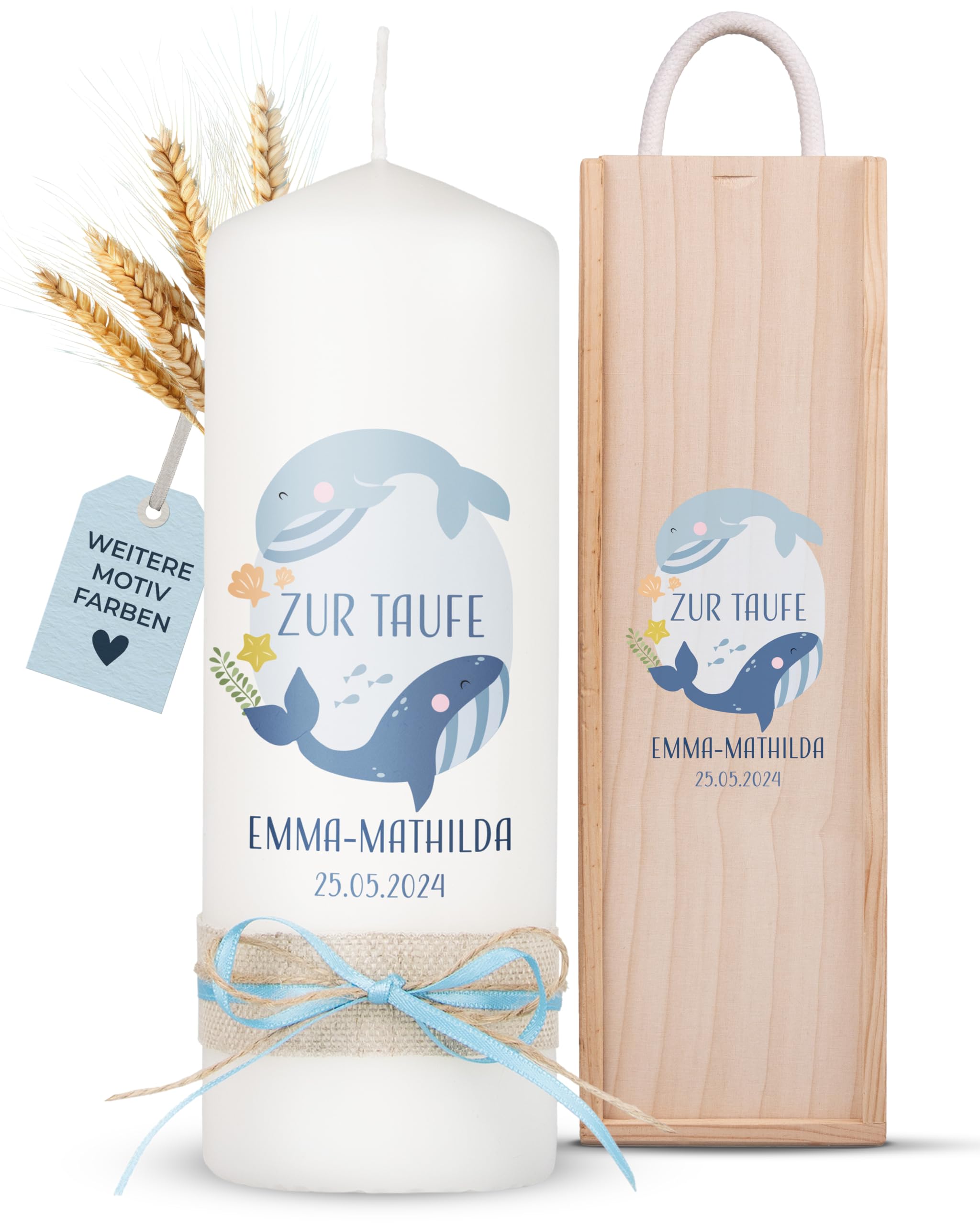AMARI ® Taufkerze personalisiert Wunderwelt Wal - Namen für Mädchen/Junge - H:20cm/⌀:7cm - Kerze selbst gestalten