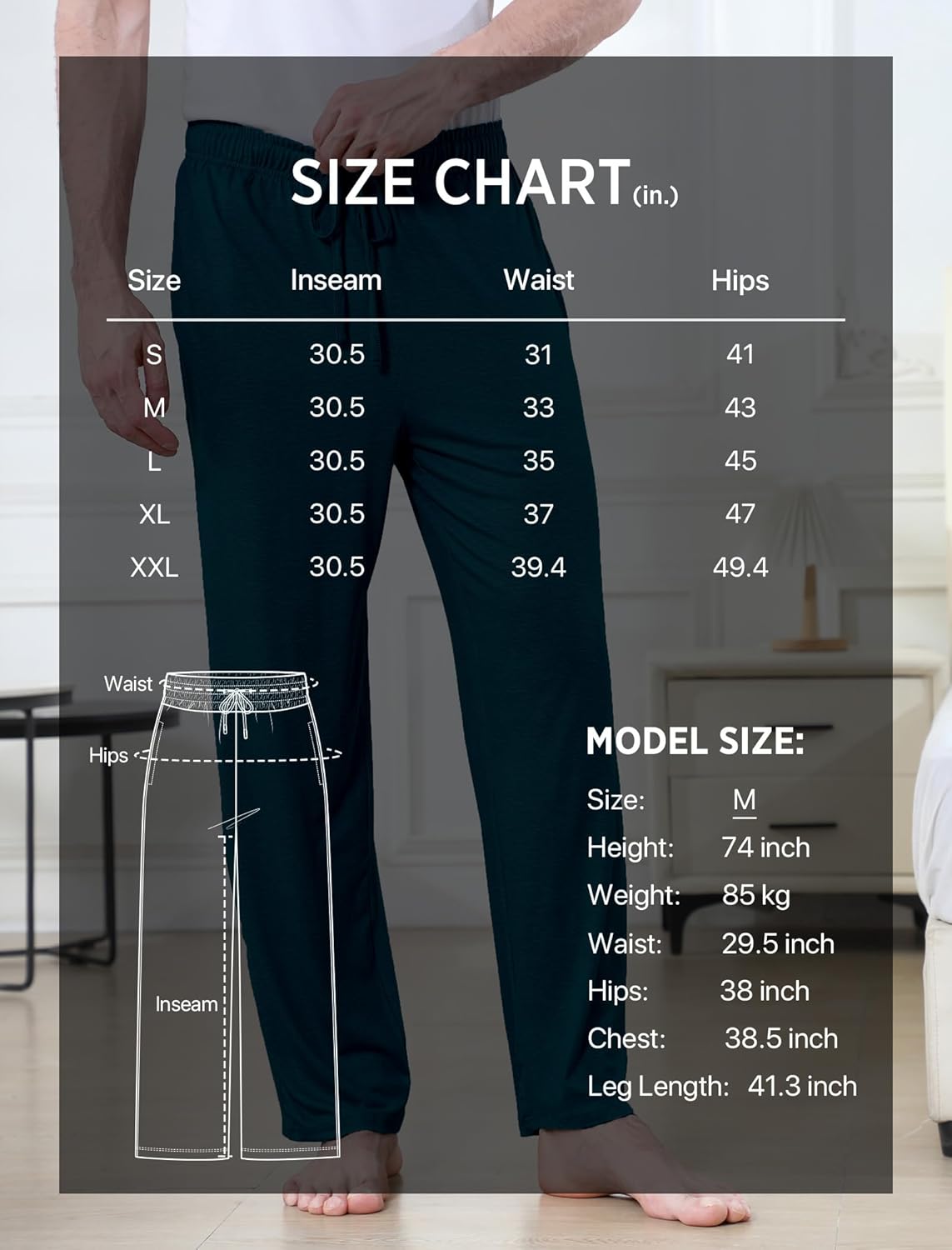 DITOK Men's Lightweight Pajama Pants Soft Lounge Sleep Joggers Adjustable Drawstring & Pockets All-Season Sleepwear - Image 7