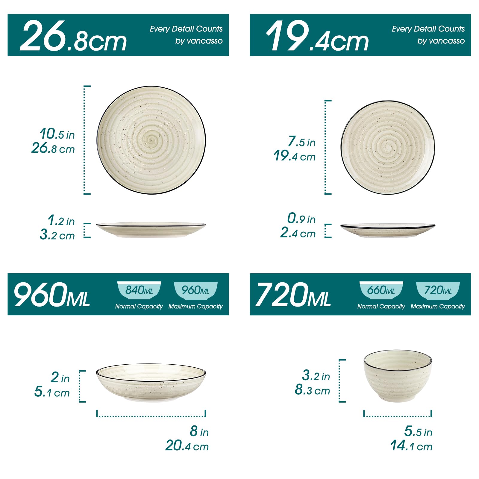 vancasso Bonbons - Vajilla de gres (48 piezas, para 12 personas) | 12 platos llanos, 12 platos de postre, 12 cuencos, 12 cuencos para cereales, aptos para lavavajillas, microondas, color beige