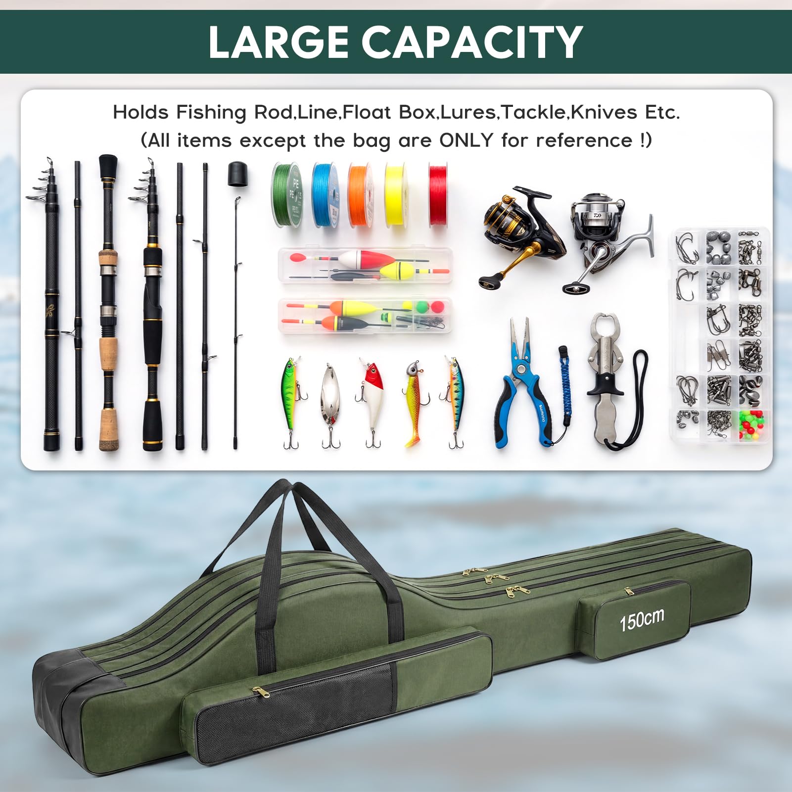 Angelrutentasche Angeltasche Rutentasche Rod Case mit 3 Fächern für Outdoor-Angelruten, 150cm Faltender Angelrute Tasche, Angelrute Werkzeuge Aufbewahrungstasche, Tragbare Angelgerät Tasche (Grün)