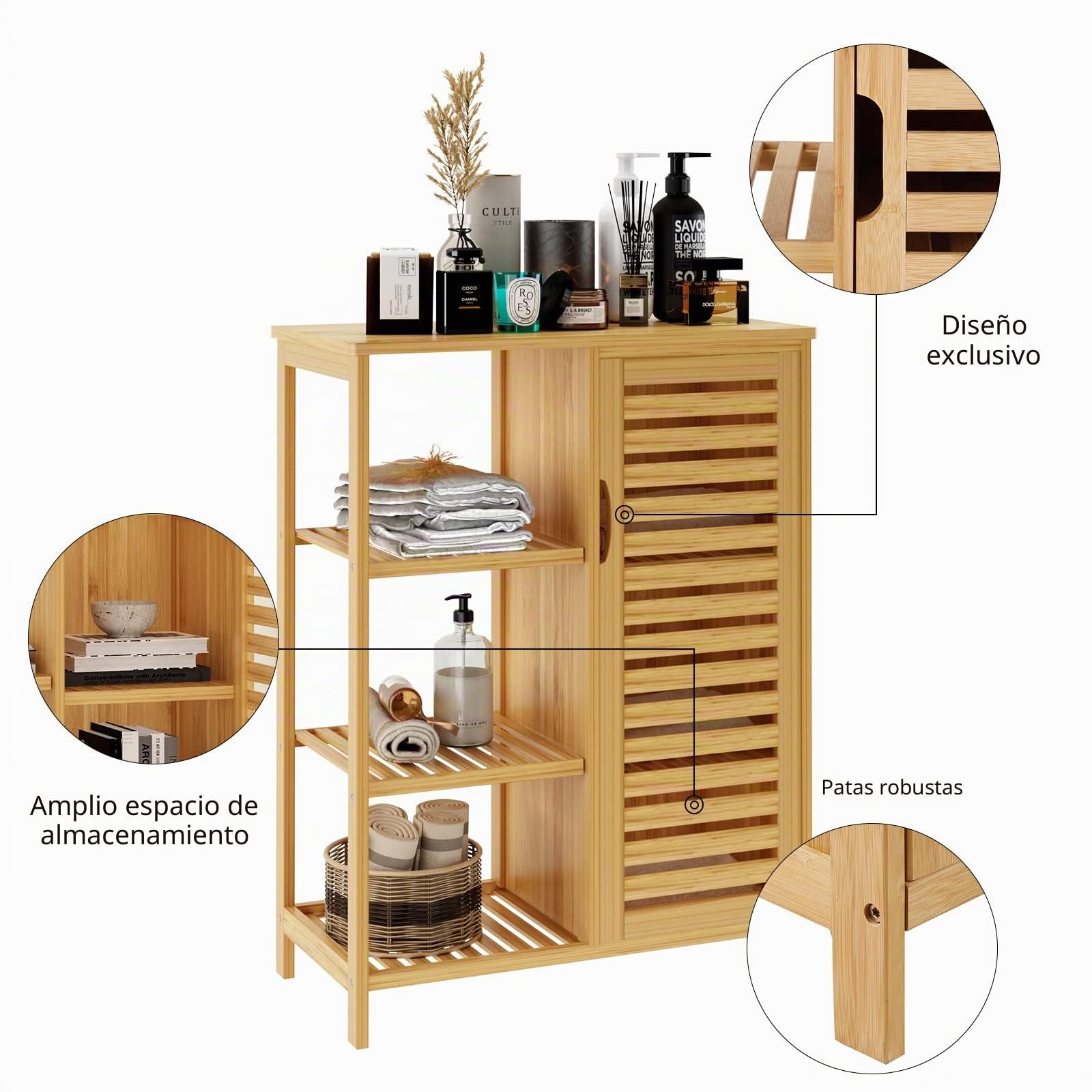 soges Armario de almacenamiento de baño con puerta y estantes, organizador de armario de almacenamiento, gabinete de bambú de 3 niveles para cocina, sala de estar, baño