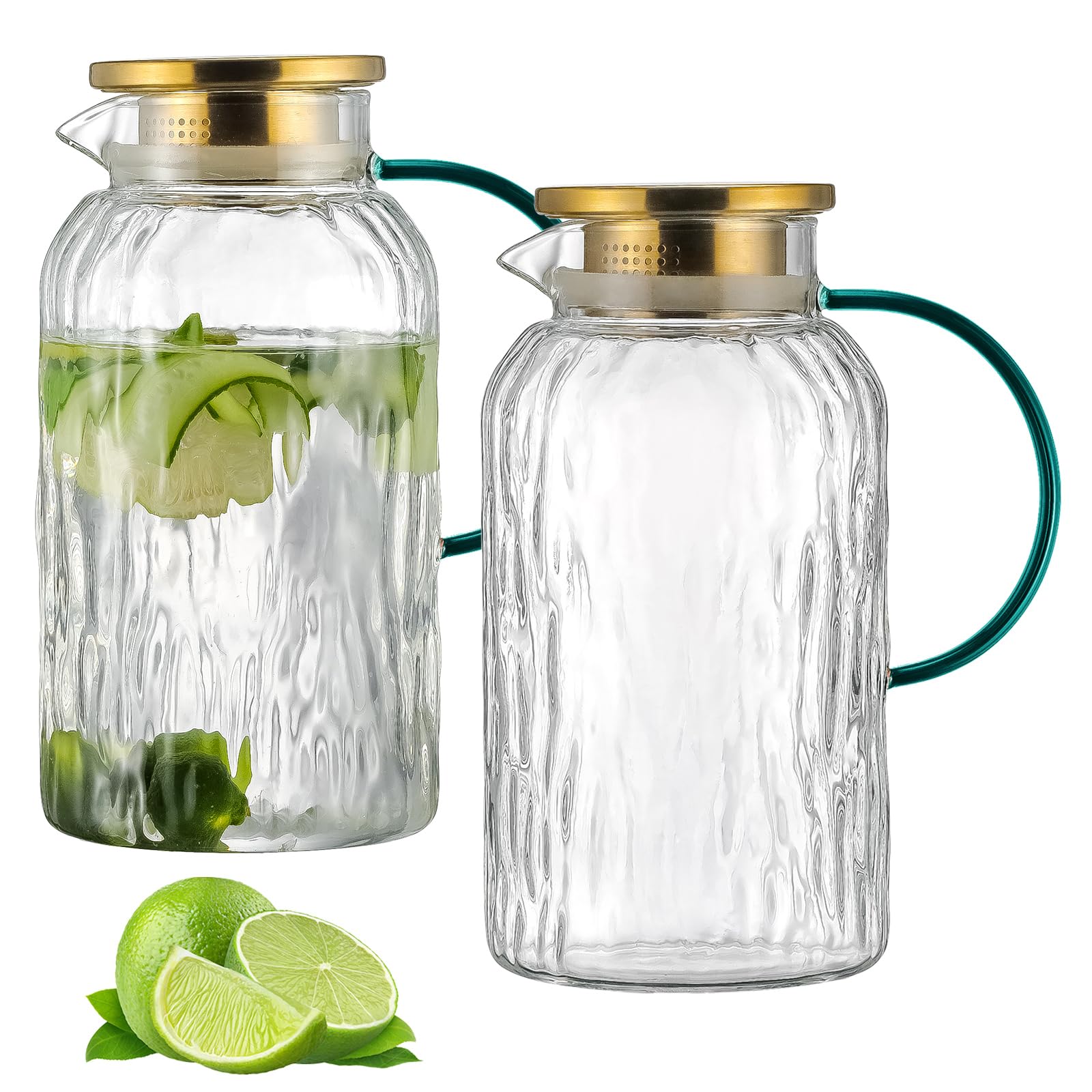 Buaic 2 PACK Glass Pitcher with Lid and Spout, 68 oz/2 Liter Water Pitcher for Fridge, Clear Borosilicate Glass Water Carafe for Cold Brew, Coffee,