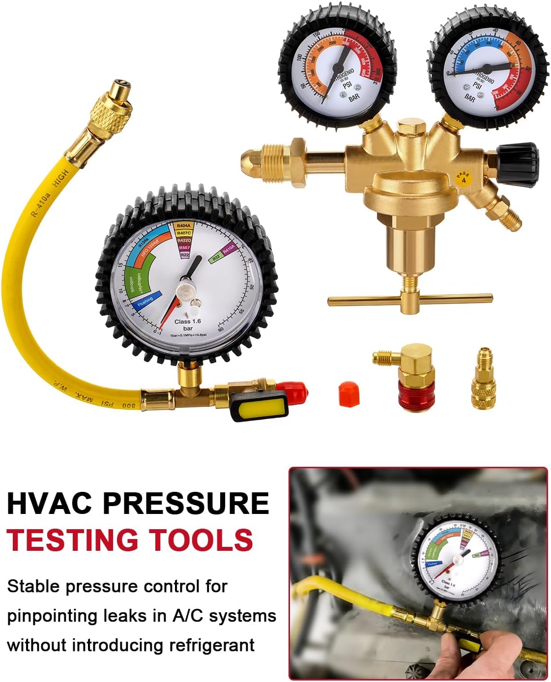 53010 Automotive HVAC Pressure Tester Kit 53001 Nitrogen Regulator 47382 Charging Hose 53042 Leak Testing Adapter R134A R410A Pressure Testing Tools