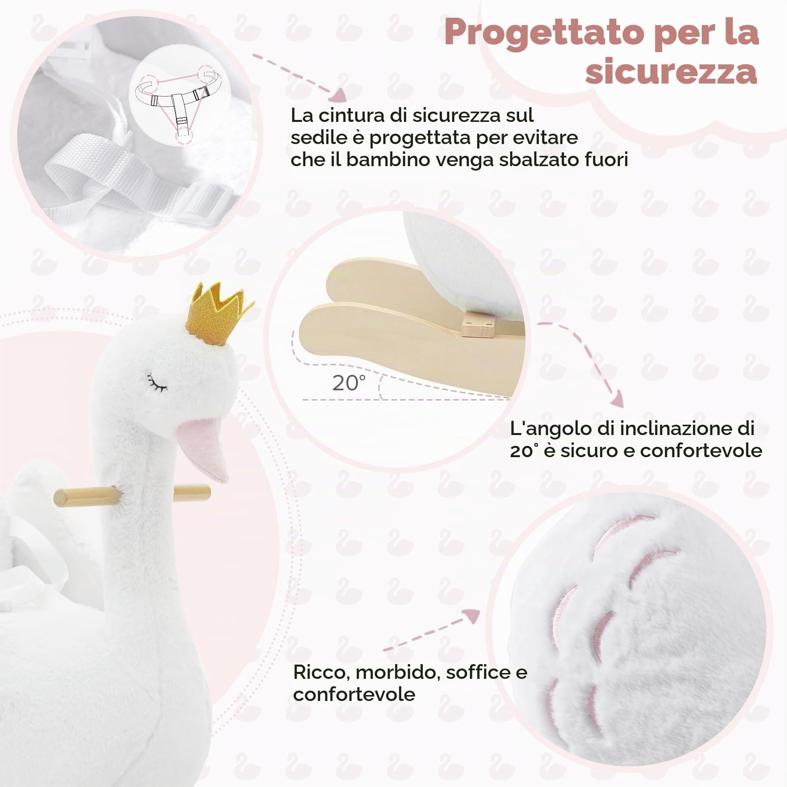 Labebe Cavallo Dondolo Legno, Peluche Bambini di Cigno Bianco per 6-36 Mesi, Sedia Dondolo Neonati/Giochi Cavalcabili