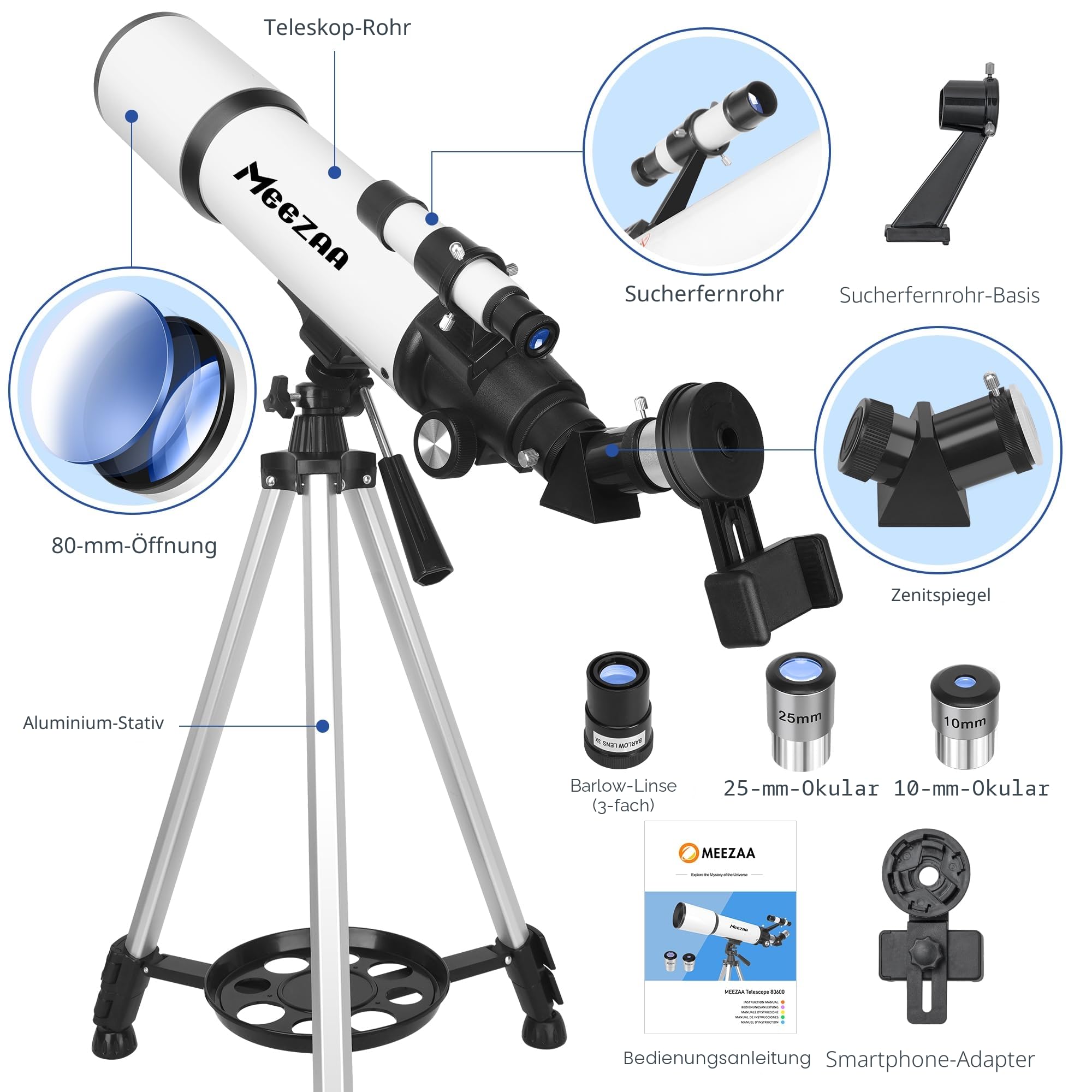 MEEZAA Teleskop, Teleskop Astronomie Erwachsene Profi, 80 mm Öffnung 600 mm Refraktor-Teleskop für Kinder und Einsteiger mit Stativ, Handyhalterung und Tragetasche zur Beobachtung Planeten und Mond
