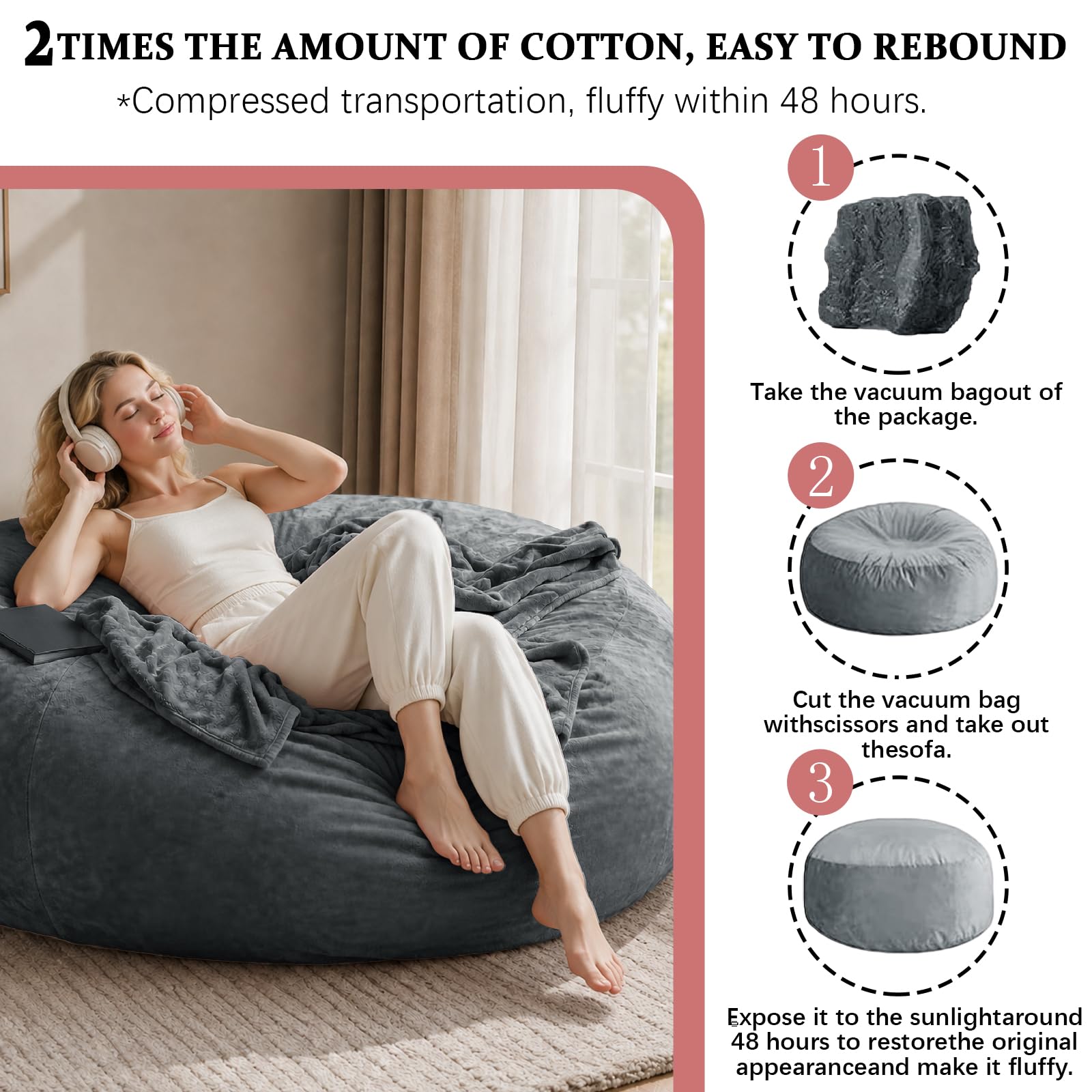Chaises Big Bean Bag pour Adultes,Sac de Haricot avec Remplissage Inclus,Mousse,géant,Convient aux chaises de Lecture dans Le Salon,la Chambre et Le dortoir. (Dark Gray, 6FT)