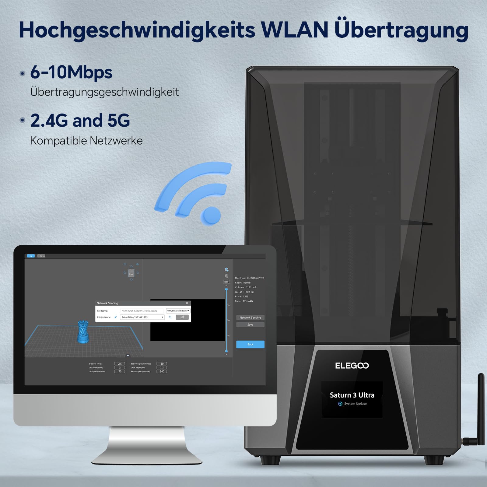 ELEGOO Saturn 3 Ultra 12K UV Lichthärtender MSLA Resin 3D Drucker mit 10 Zoll Monochrom-LCD Neuer ACF Trennfilm Wi-Fi Übertragung Große Druckgröße von 218.88 × 122.88 × 260 mm