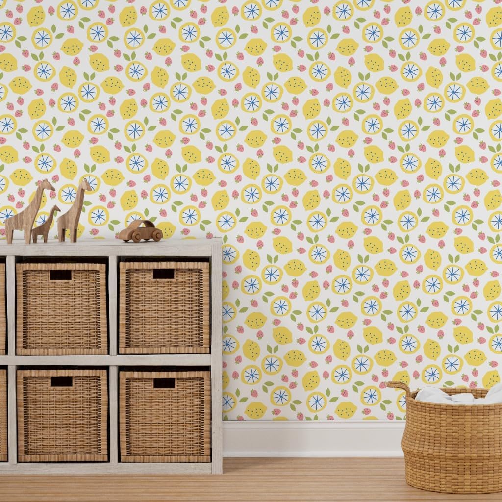 Peel & Stick Wallpaper 6ft x 2ft - Pink Lemonade Spring Lemon Strawberries Children Custom Removable Wallpaper by Spoonflower
