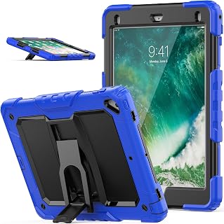 SEYMAC stock iPad 6th/5th Generation Case/Air 2/Pro 9.7'', with Built-in Screen Protector & Multi-Angles Kickstand, 3-Layer Drop Proof Case for iPad 9.7 Inch 2018/2017, Black+Blue
