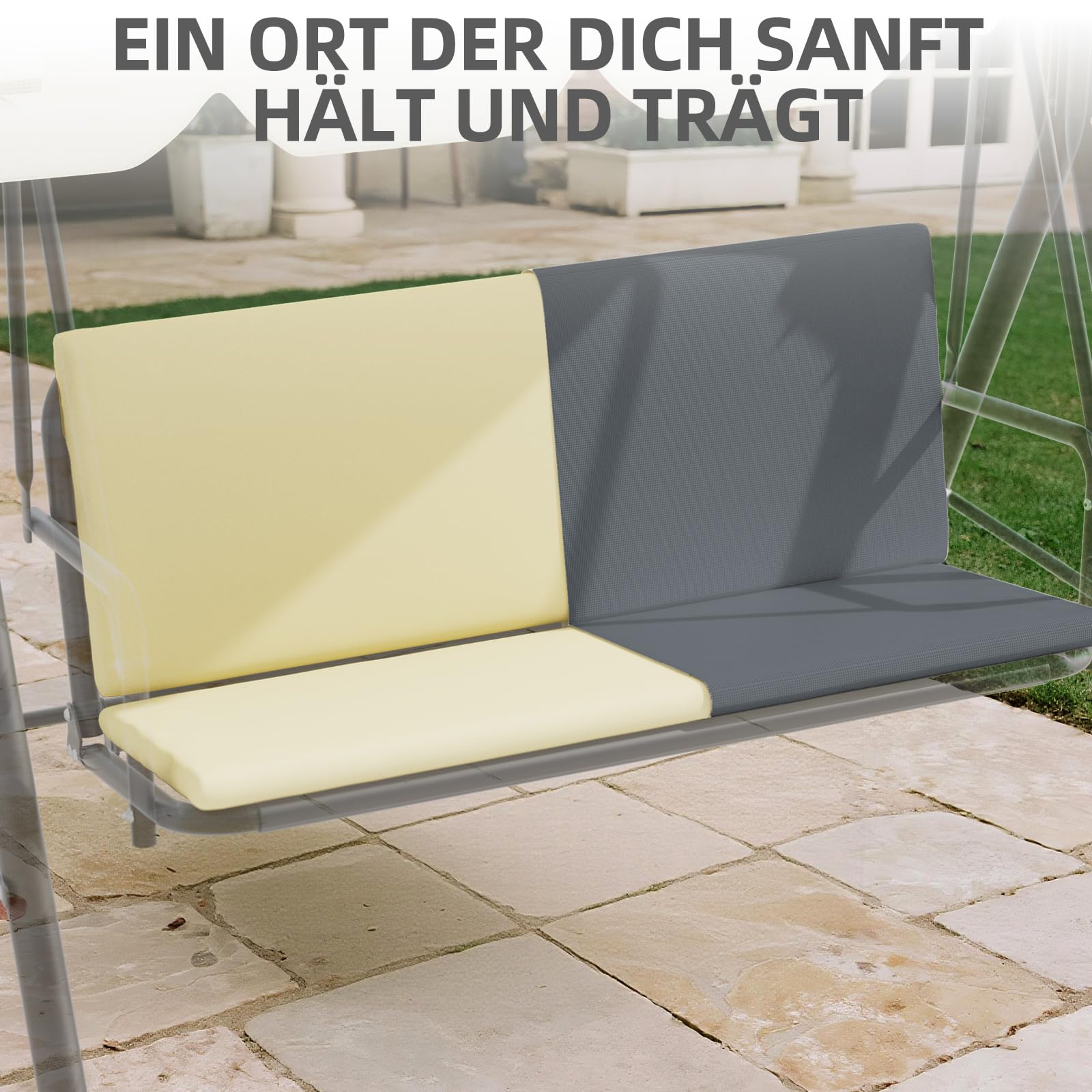 Soontrans Hollywoodschaukel 3-Sitzer für Entspannte Nachmittag im Garten, Gartenschaukel mit Polsterauflage & Verstellbarem Sonnendach, aus Stahlgestell & Textilene-Gewebe (193 x 110 x 152 cm, Grau)