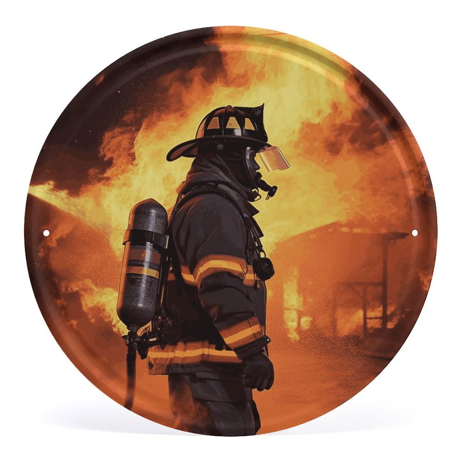 Fodpand Style Firefighter Fireman Flame Round Wall Art Hanging Decorations, Wall Decor Modern Minimalist Artwork, Tin Sign Hanging Picture For Living Room, Bedroom, Office, Hallway, 11.8X11.8 Inch