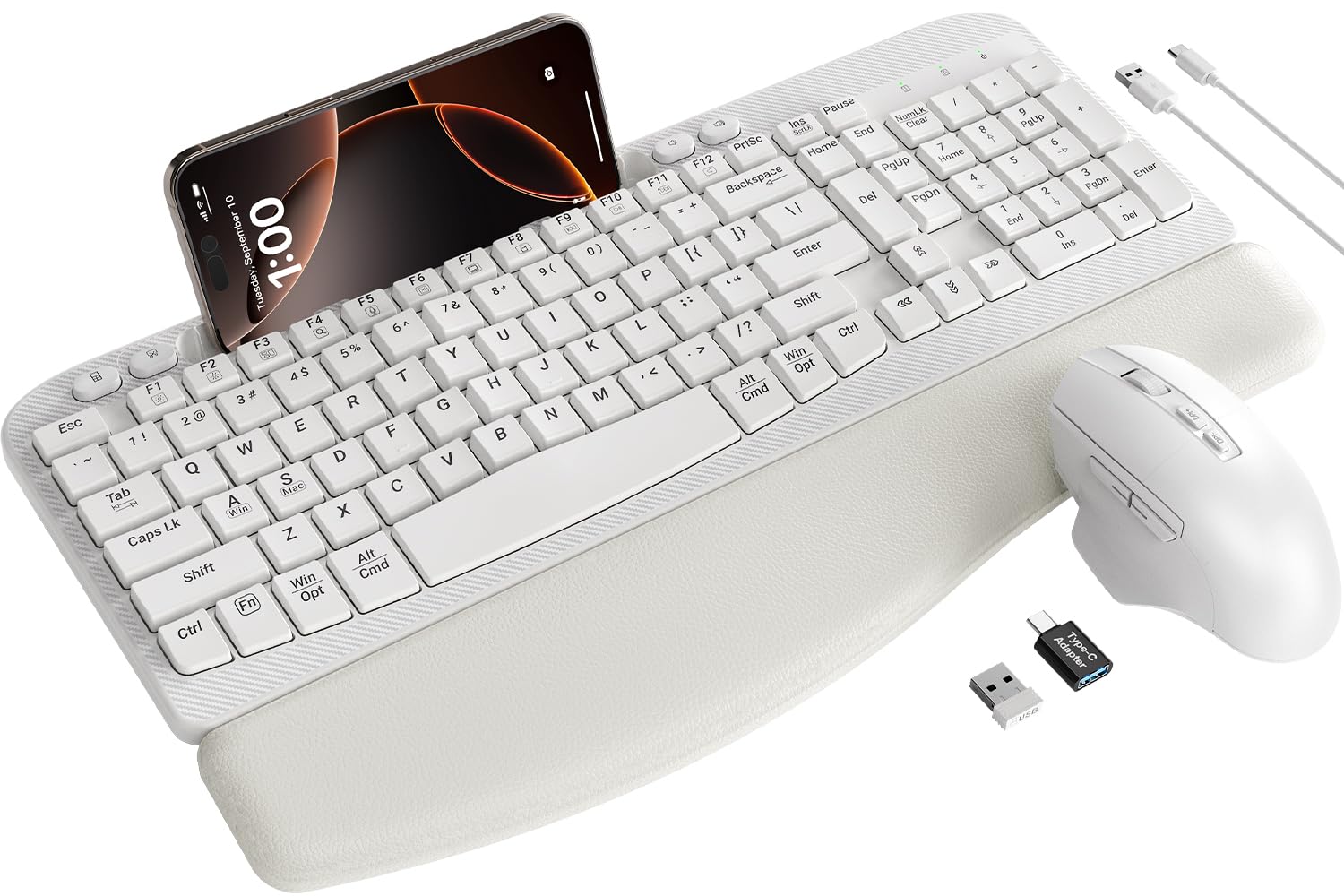 SABLUTE Wireless Keyboard and Mouse Combo, Ergonomic Wave Keys, Cushioned Plam Rest, Rechargeable, Phone Holder, Natural Typing, 2.4G Lag-Free, Full Size Keyboards Cordless Set for Windows/Mac, White-picture-11