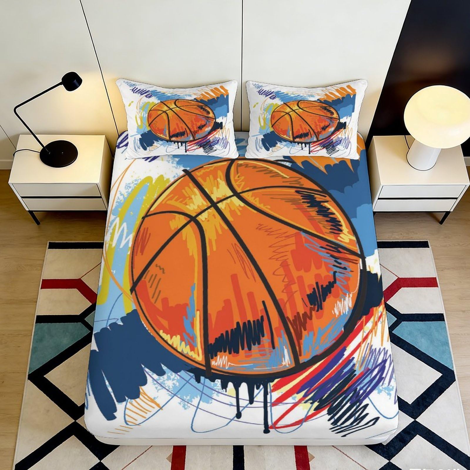 3D Printed Basketball Graffiti Fitted Sheet Microfiber Soft Orange Blue Bed Cover for Bedroom Dorm Mattress Decor 160x200x25cm