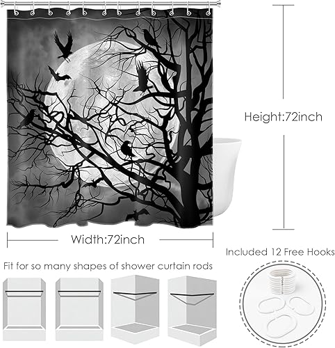 Miniatura 3 de EOBTAIN Cortina de ducha de cuervo de Halloween, terror, murciélagos y cuervos en árbol muerto en la noche oscura, cortina de ducha para baño,