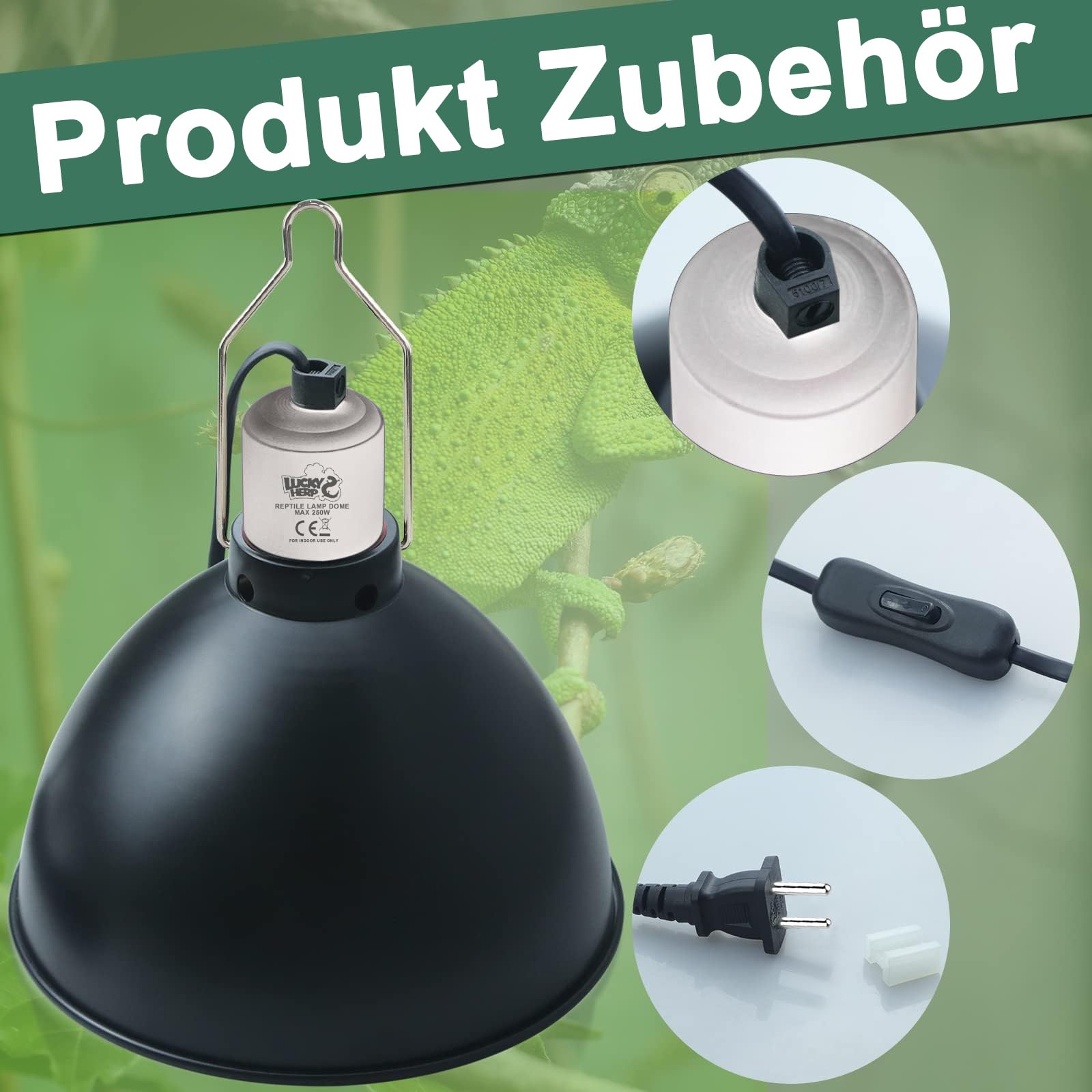 LUCKY HERP 20,5 cm gady, terrarium, kopuła, E27, aluminiowa lampa reflektorowa do lampy grzewczej, 250 W, lampa do terrarium, UVB dla żółwia, bartagame, kurczaka, psa