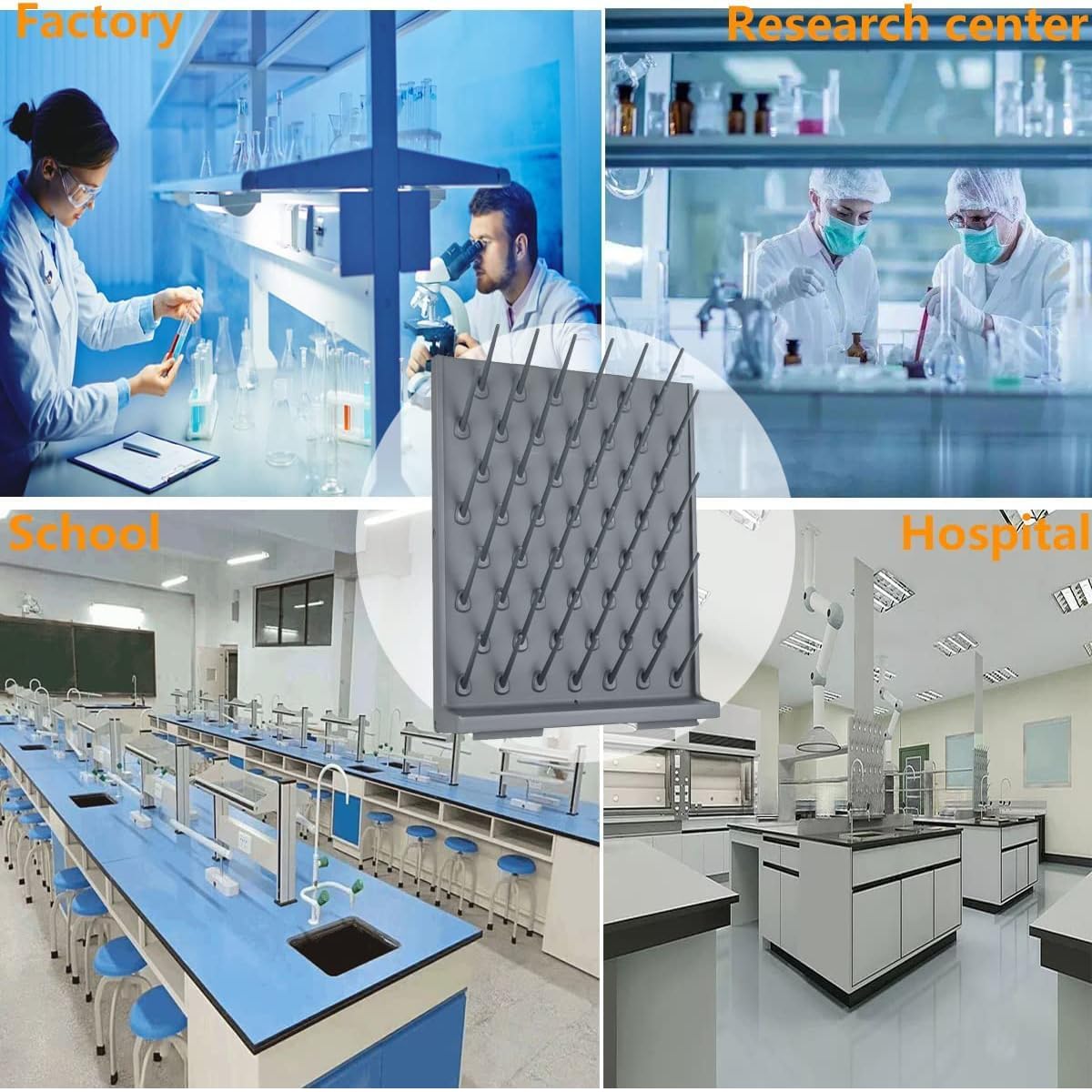Estante de secado de laboratorio con 52 clavijas desmontables, diseño de montaje en pared, ángulo de 45° y agujero de drenaje inferior, ideal para secado rápido de vasos, frascos y tubos de ensayo