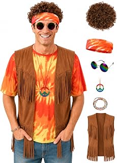 Hippie Costume for Men&70s Outfits for Men Tie Dye Shirt Set for Halloween