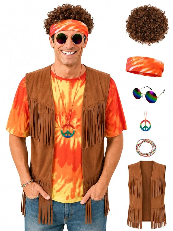 Treature Hippie Costume for Men 60s 70s Outfits for Men Tie Dye Shirt Set Fringe Carnival Vest Wig Tie Dye Headband for party (CSB-7Pcs, L) by Treature - Used condition - US$31.34